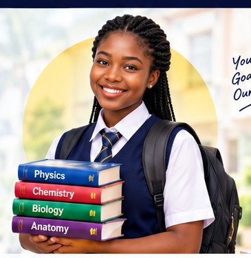 Smiling Nigerian student holding Physics, Chemistry, Biology and Anatomy textbooks